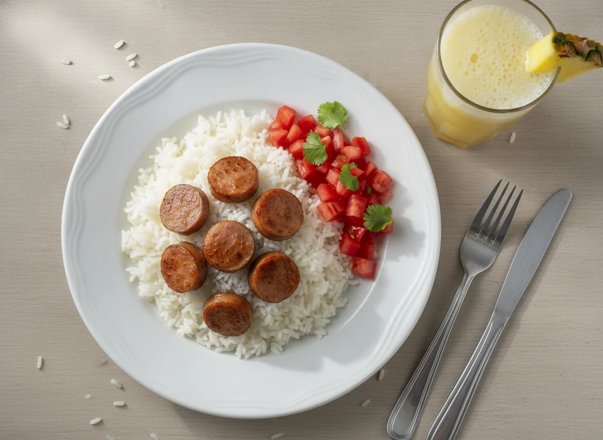 Vienesas con arroz, tomate y jugo de piña photo