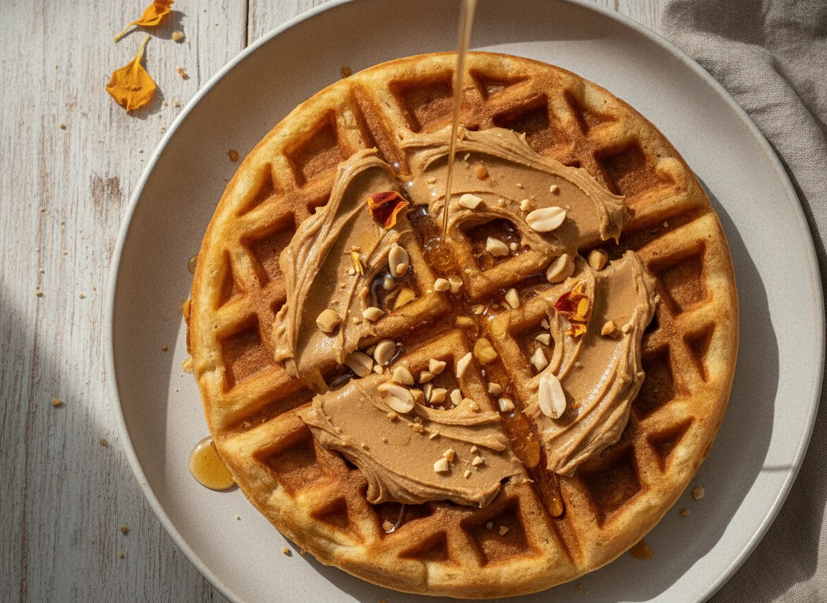 Waffle con crema de cacahuate y miel photo