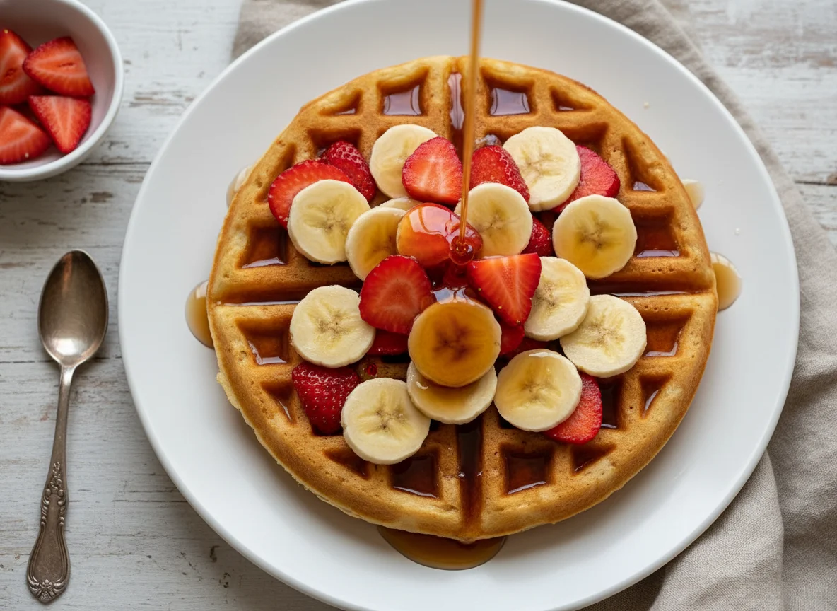 Waffle con frutas y sirope photo