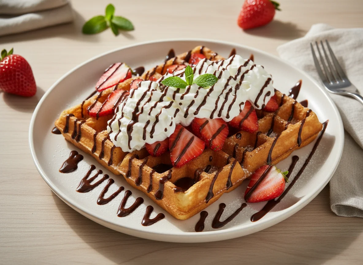 Waffle con frutillas, crema batida y salsa de chocolate photo