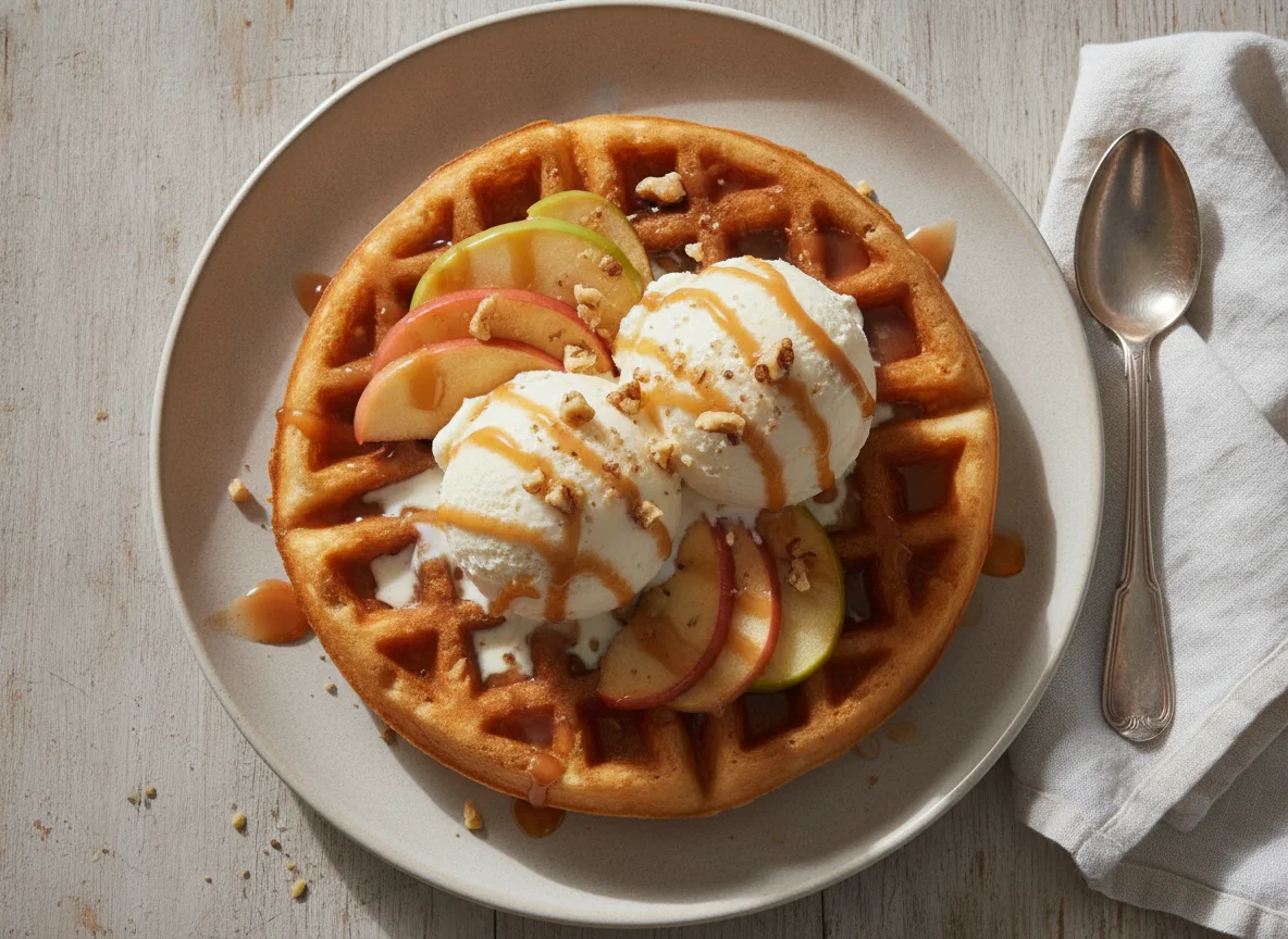 Waffle con helado, manzana y caramelo photo