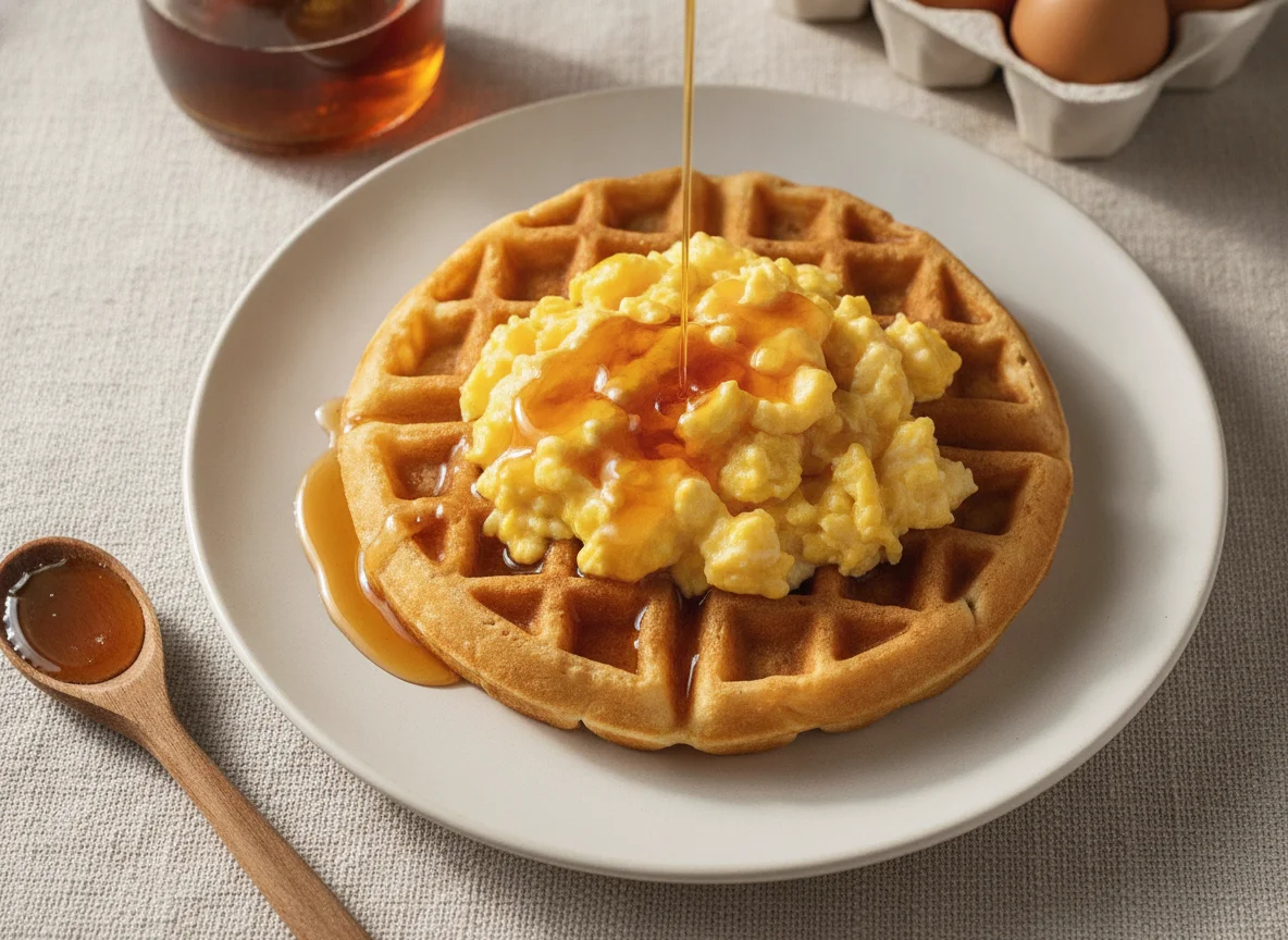 Waffle con huevo revuelto y miel photo