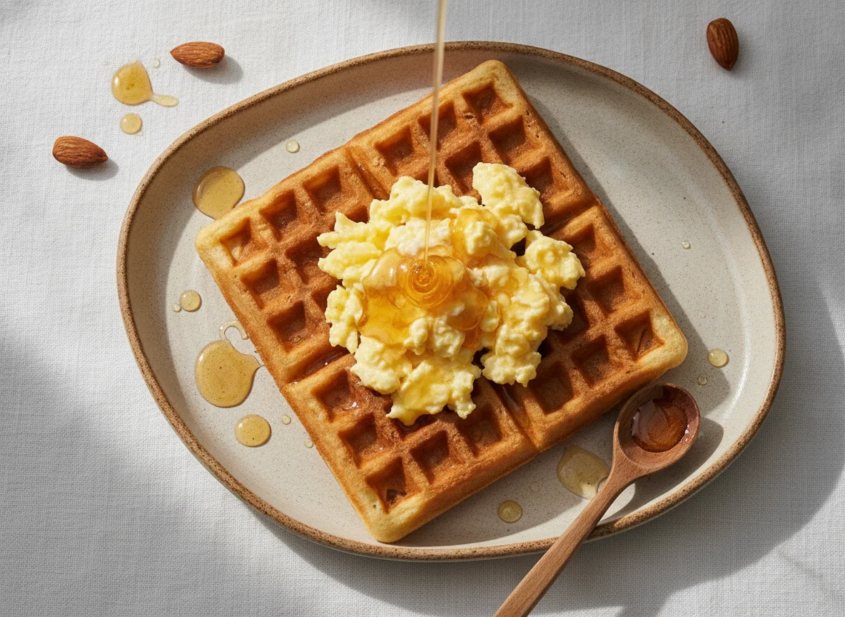 Waffle con huevo revuelto y miel de abeja photo