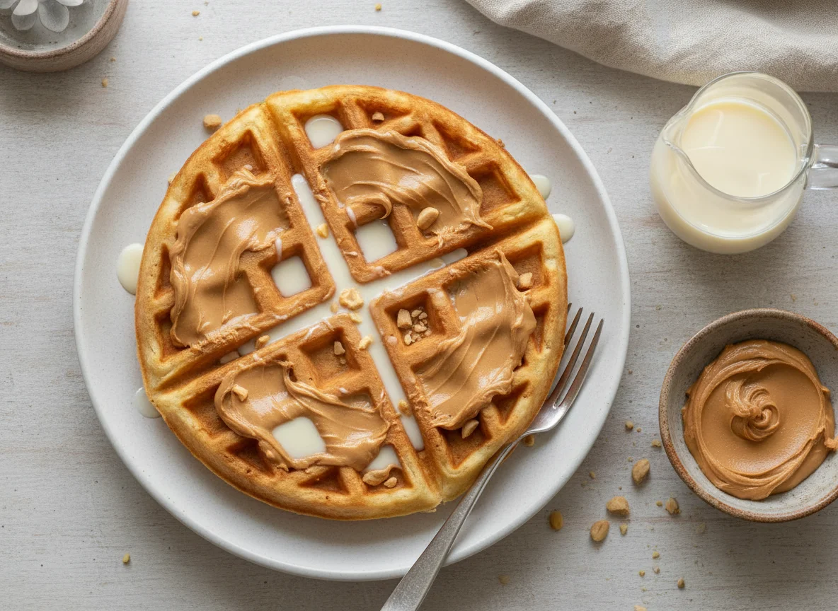 Waffle con mantequilla de maní y leche condensada photo