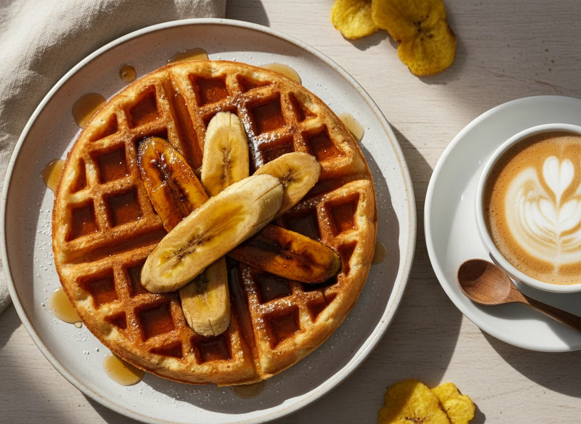 Waffle con plátano y sirope, con café photo