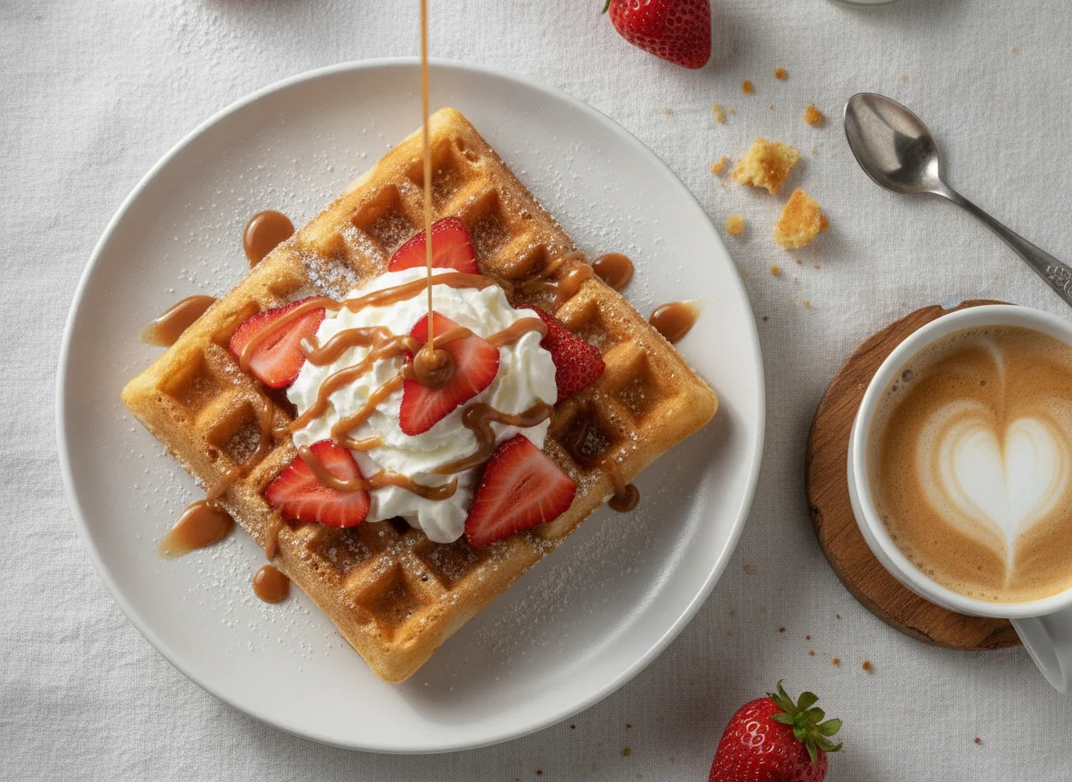 Waffles con fresas, crema batida y café latte photo