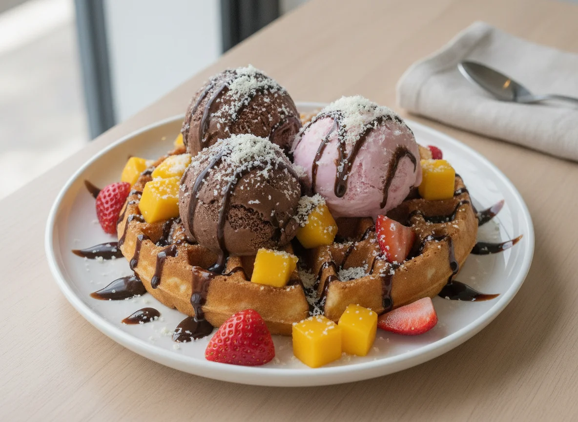 Waffles con helado, frutas y queso photo
