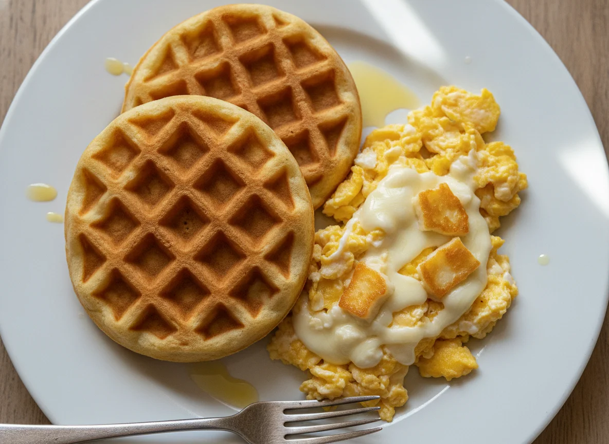 Waffles con huevo revuelto y queso photo