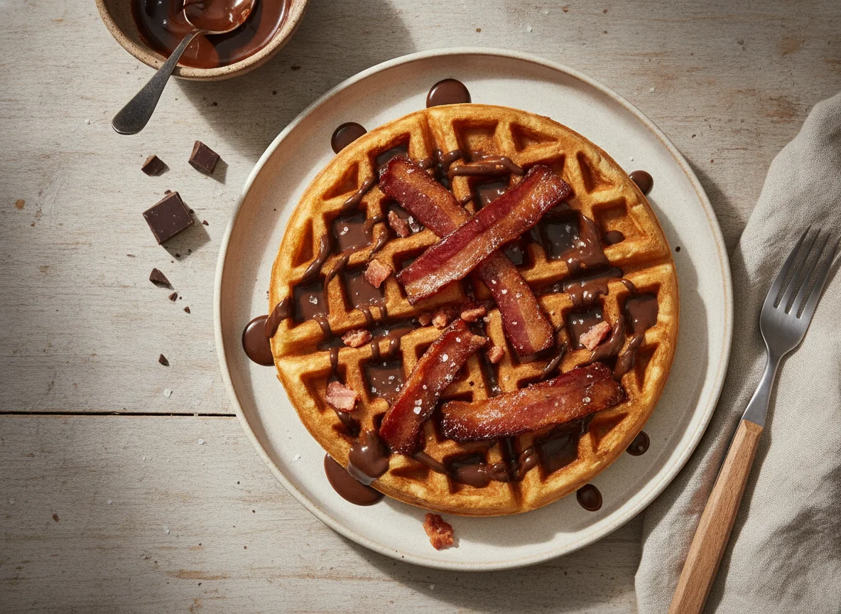 Waffles con tocino y chocolate photo