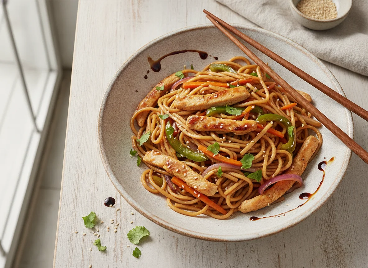Wok de fideos con pollo y vegetales photo
