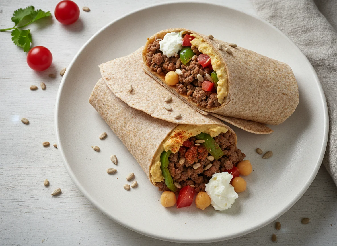 Wrap de carne con vegetales y hummus photo
