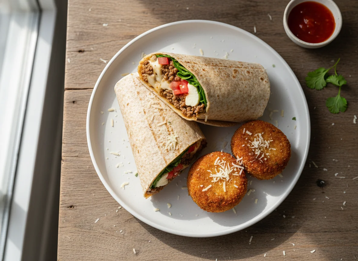 Wrap de carne y croquetas de espinaca photo