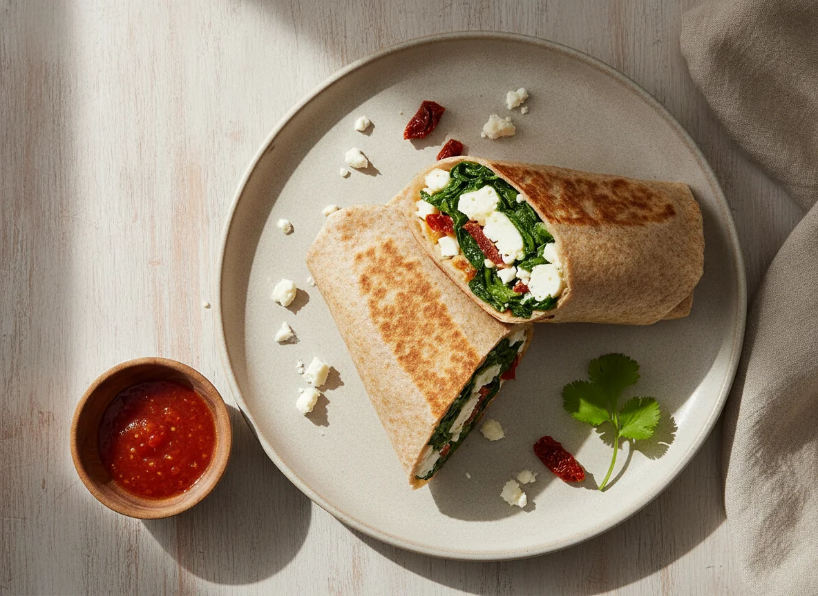 Wrap de espinacas, queso feta y clara de huevo photo