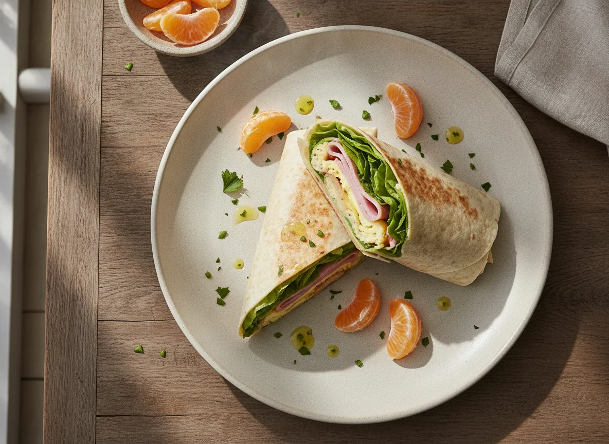 Wrap de huevo, jamón y queso con mandarina photo