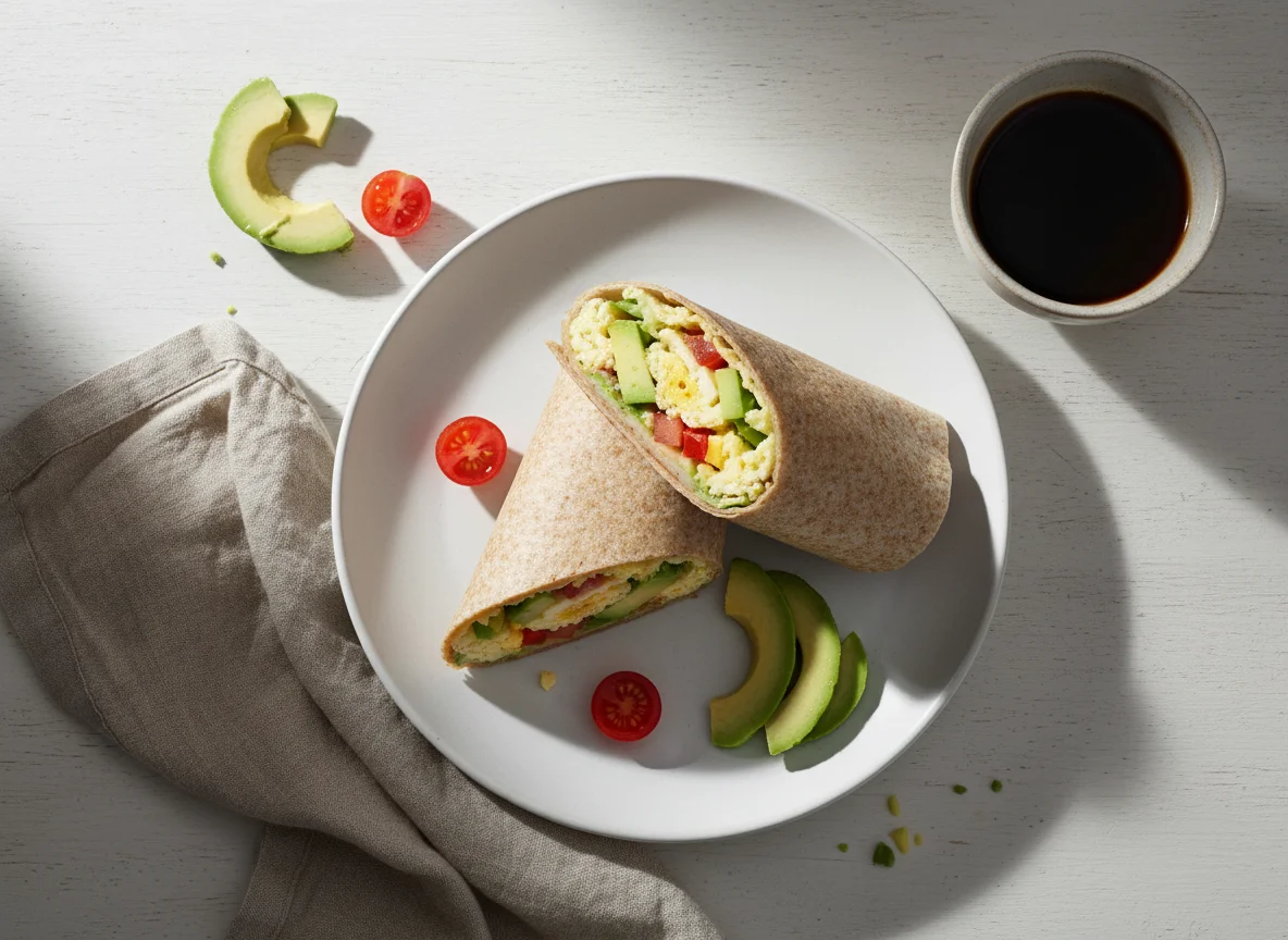 Wrap de huevo revuelto con palta y tomate photo