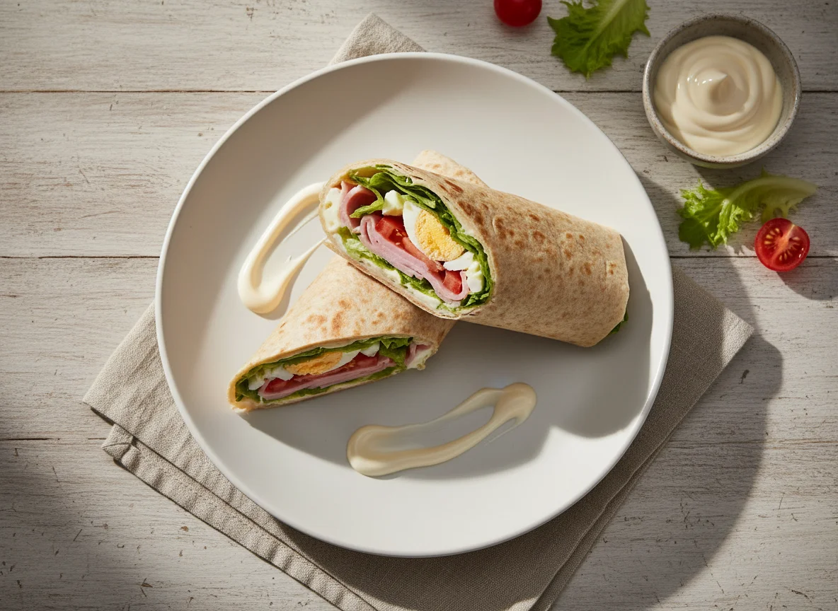 Wrap de jamón y huevo con lechuga y tomate photo