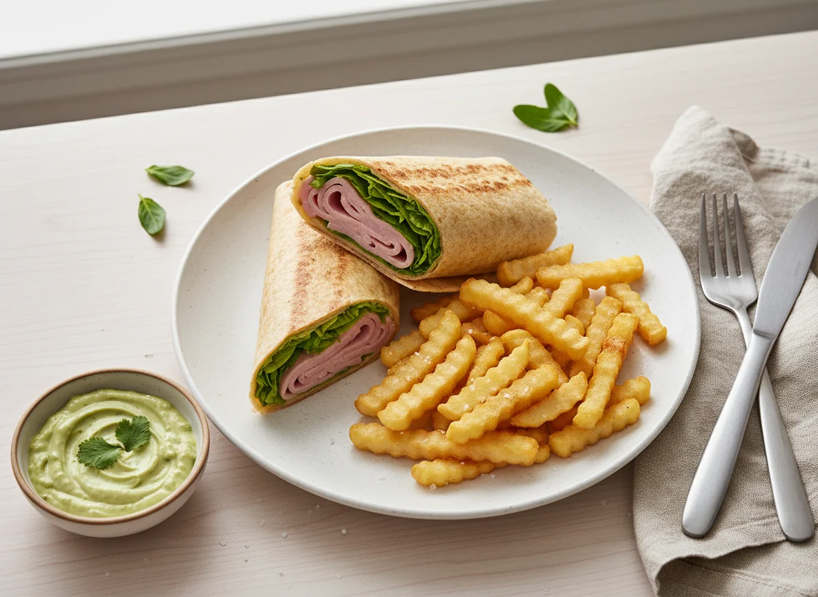 Wrap de jamón y lechuga con papas fritas y aderezo photo