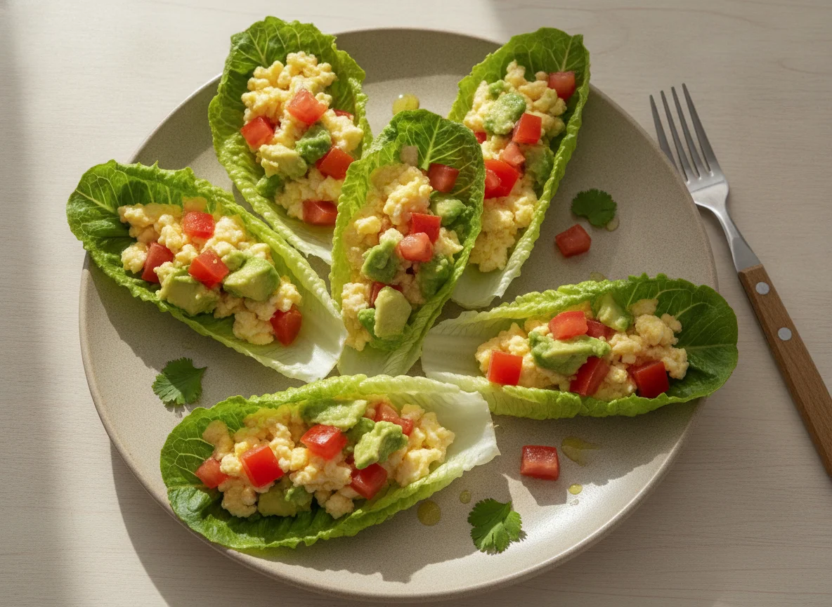 Wrap de lechuga con huevo revuelto, tomate y palta photo