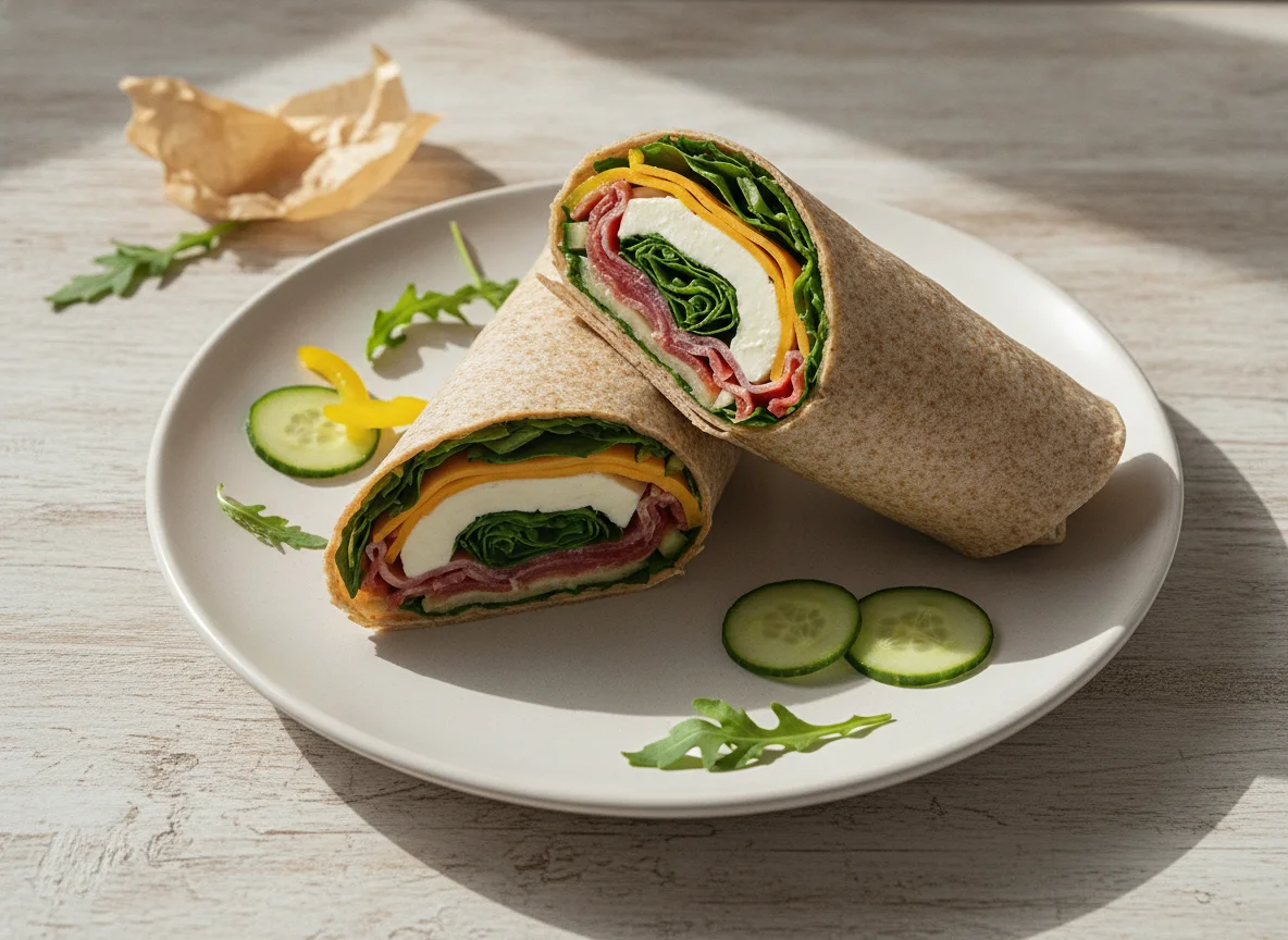 Wrap de pan integral con queso, jamón y rúcula photo