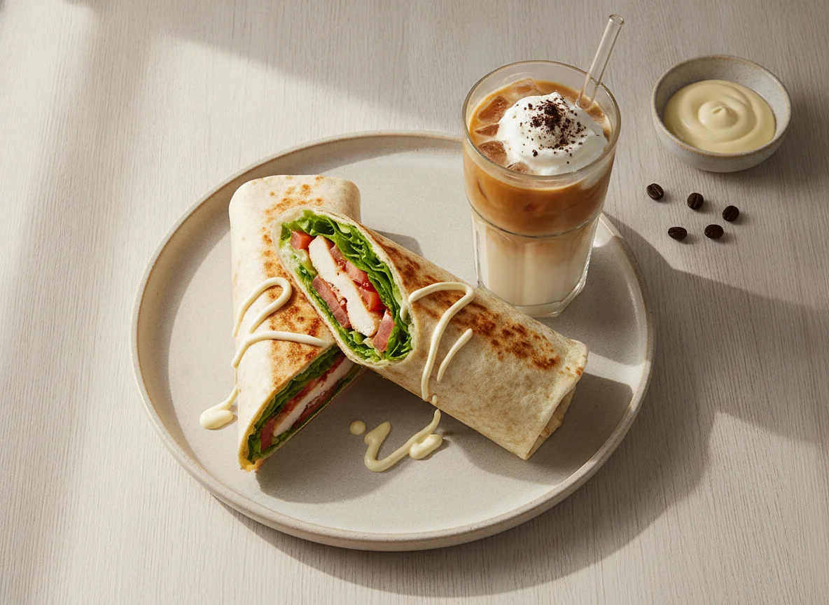 Wrap de pollo con café helado photo