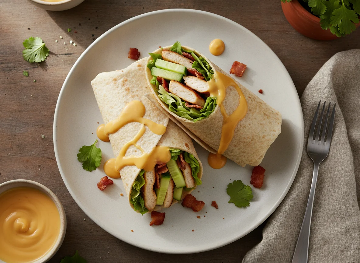 Wrap de pollo con vegetales y salsa de queso photo