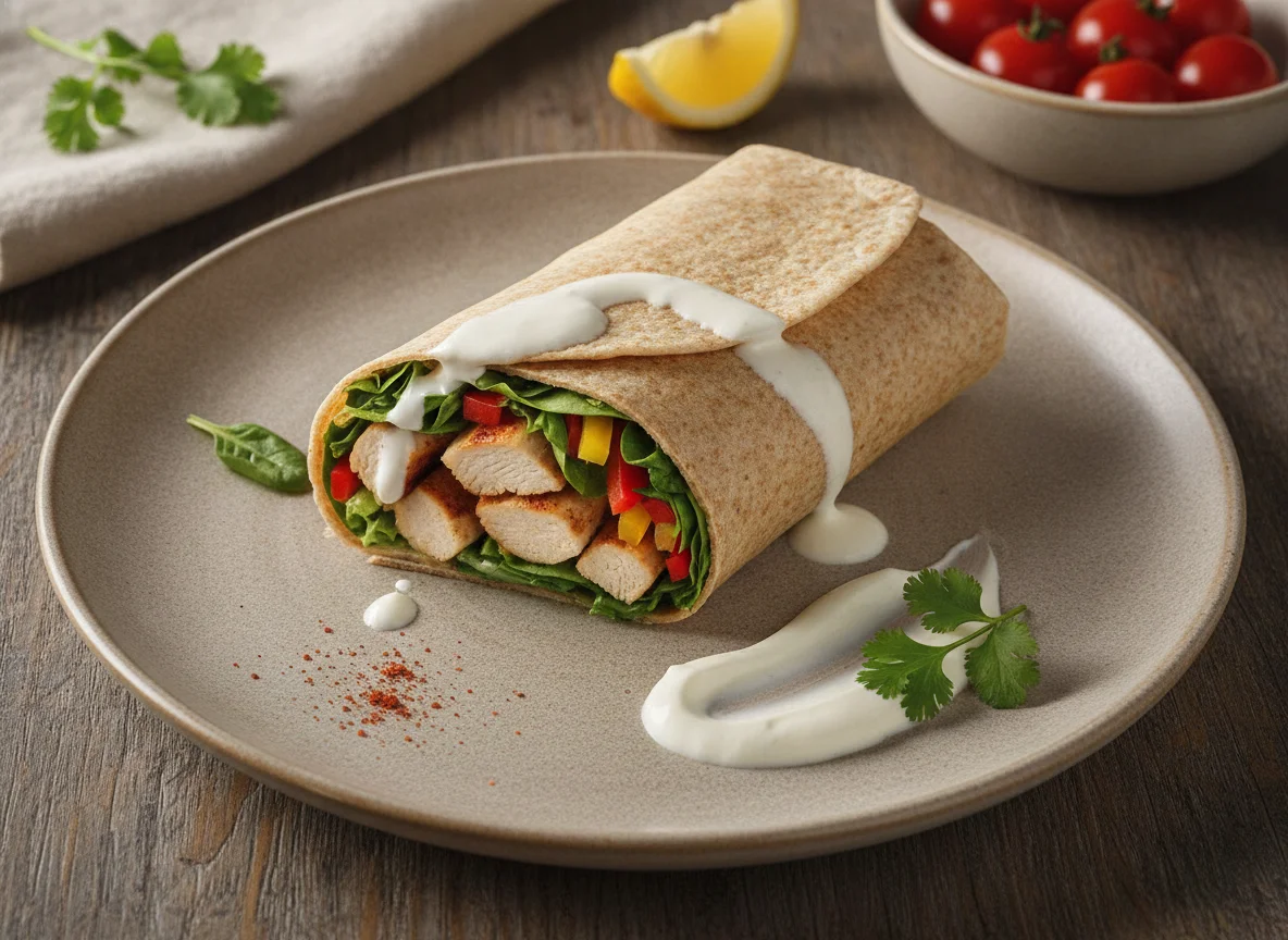 Wrap de pollo integral con verduras y salsa de yogur photo