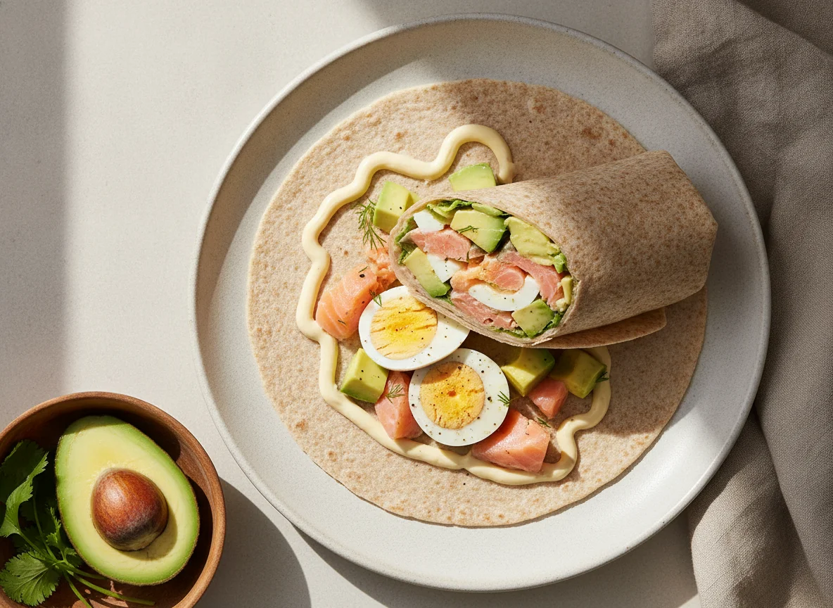 Wrap integral de salmón, huevo y aguacate photo