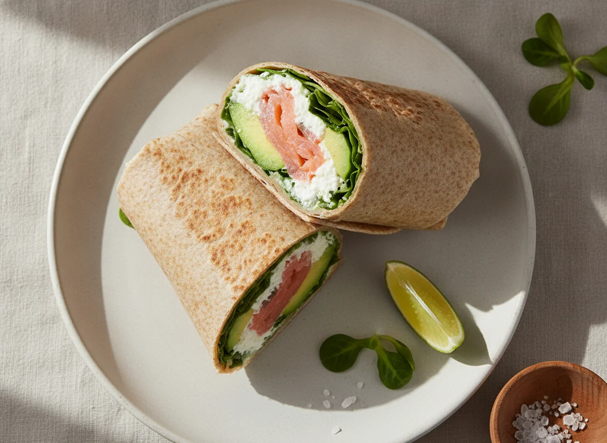 Wrap integral de tortilla con salmón ahumado, queso cottage y aguacate photo