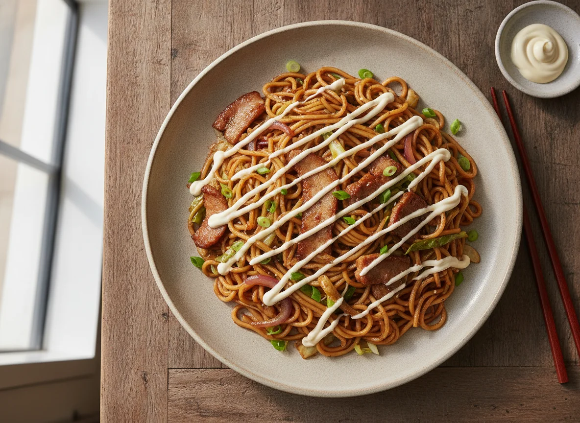 Yakisoba con cerdo y mayonesa photo