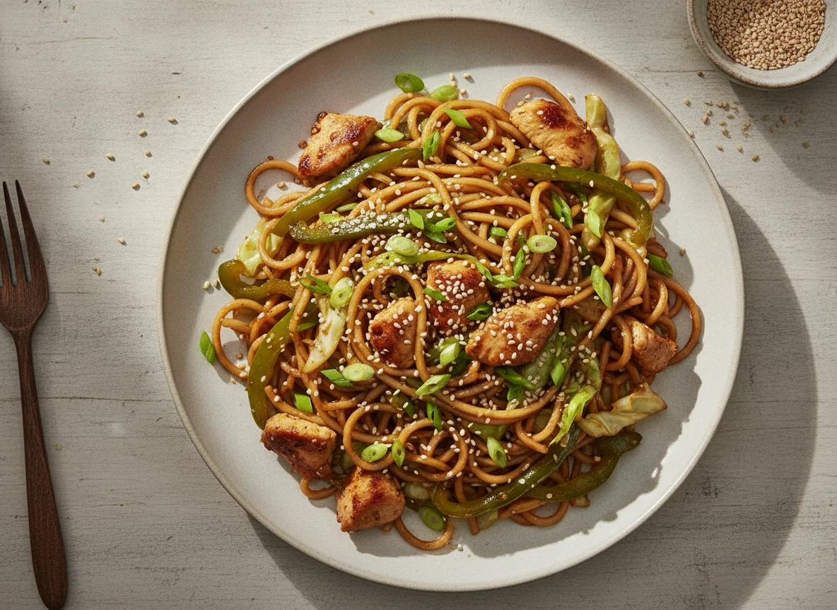 Yakisoba con pollo y verduras photo