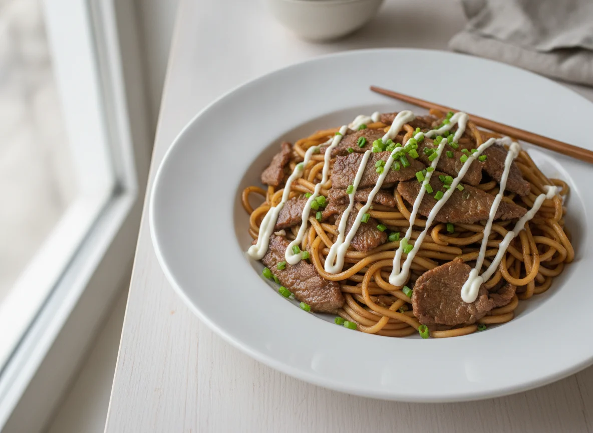 Yakisoba con ternera y mayonesa photo