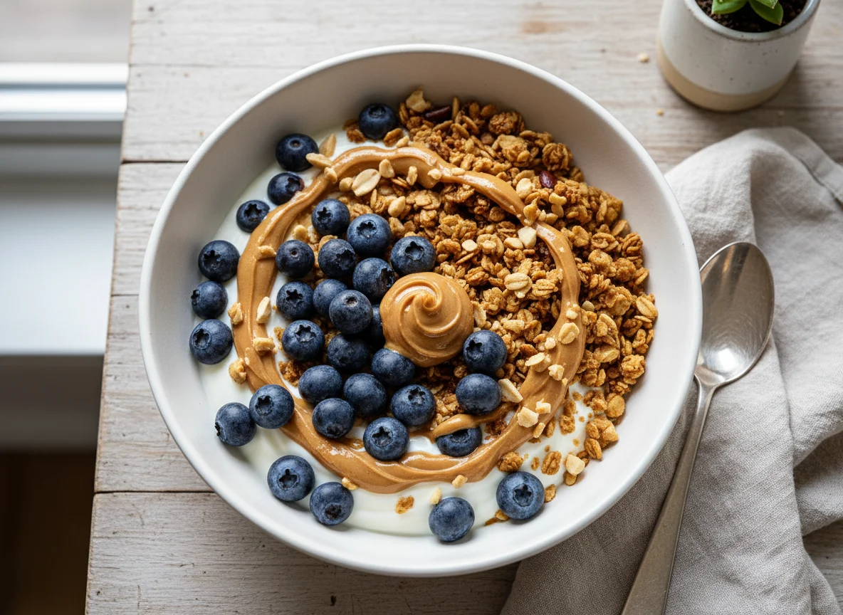 Yogur con arándanos, granola y mantequilla de cacahuete photo