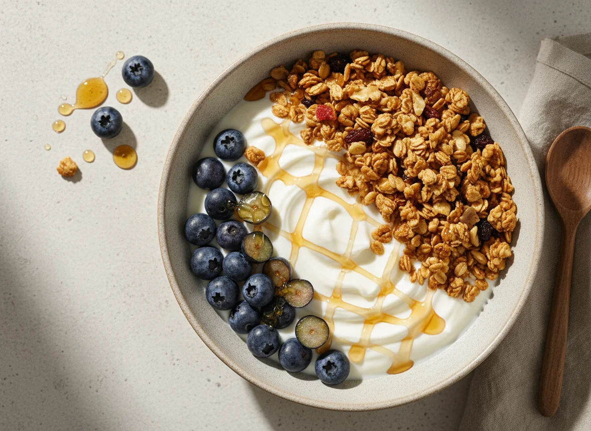 Yogur con arándanos, granola y miel photo