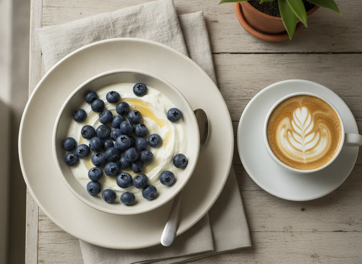 Yogur con arándanos y café con leche photo