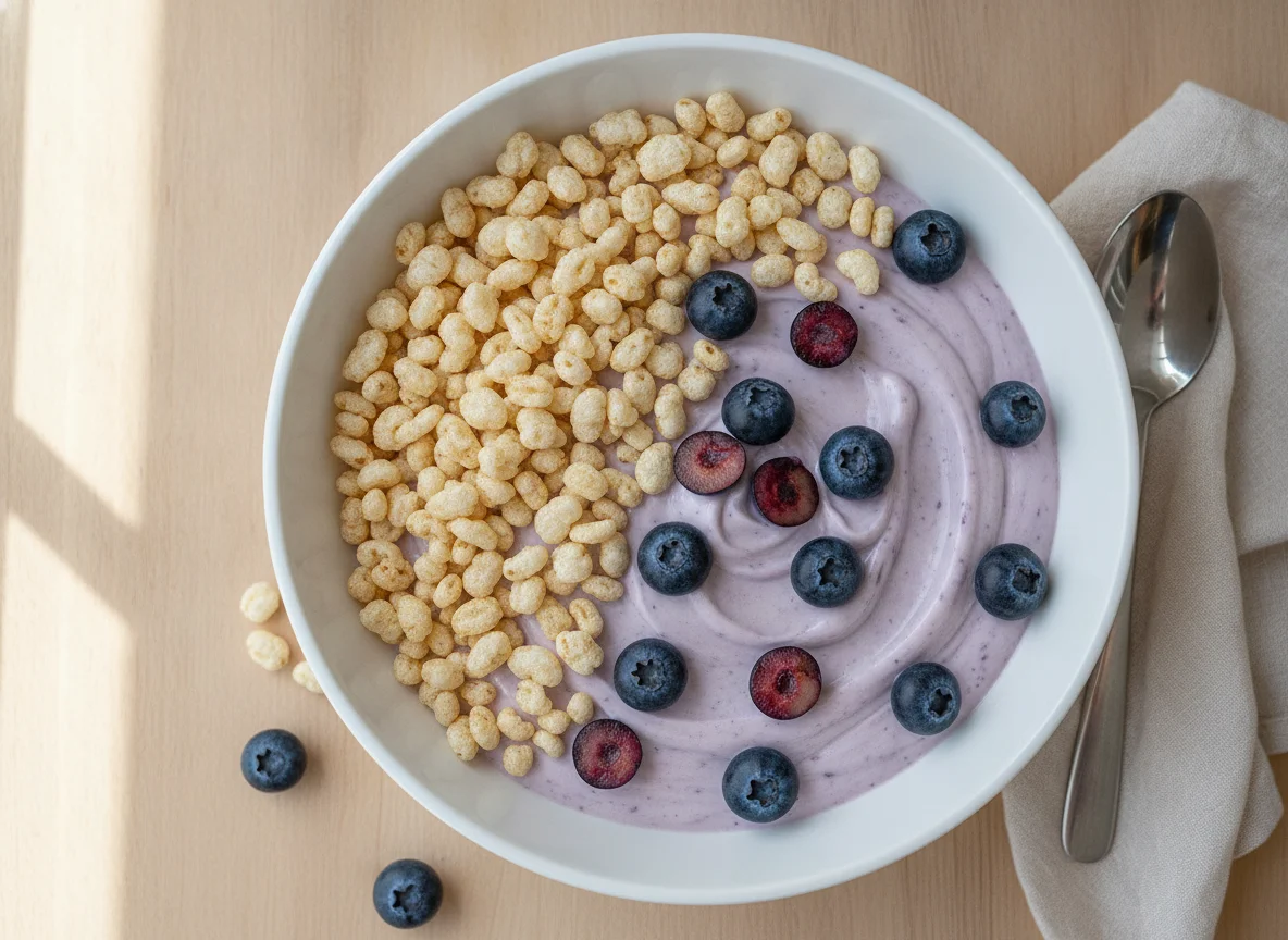 Yogur con arándanos y cereales inflados photo