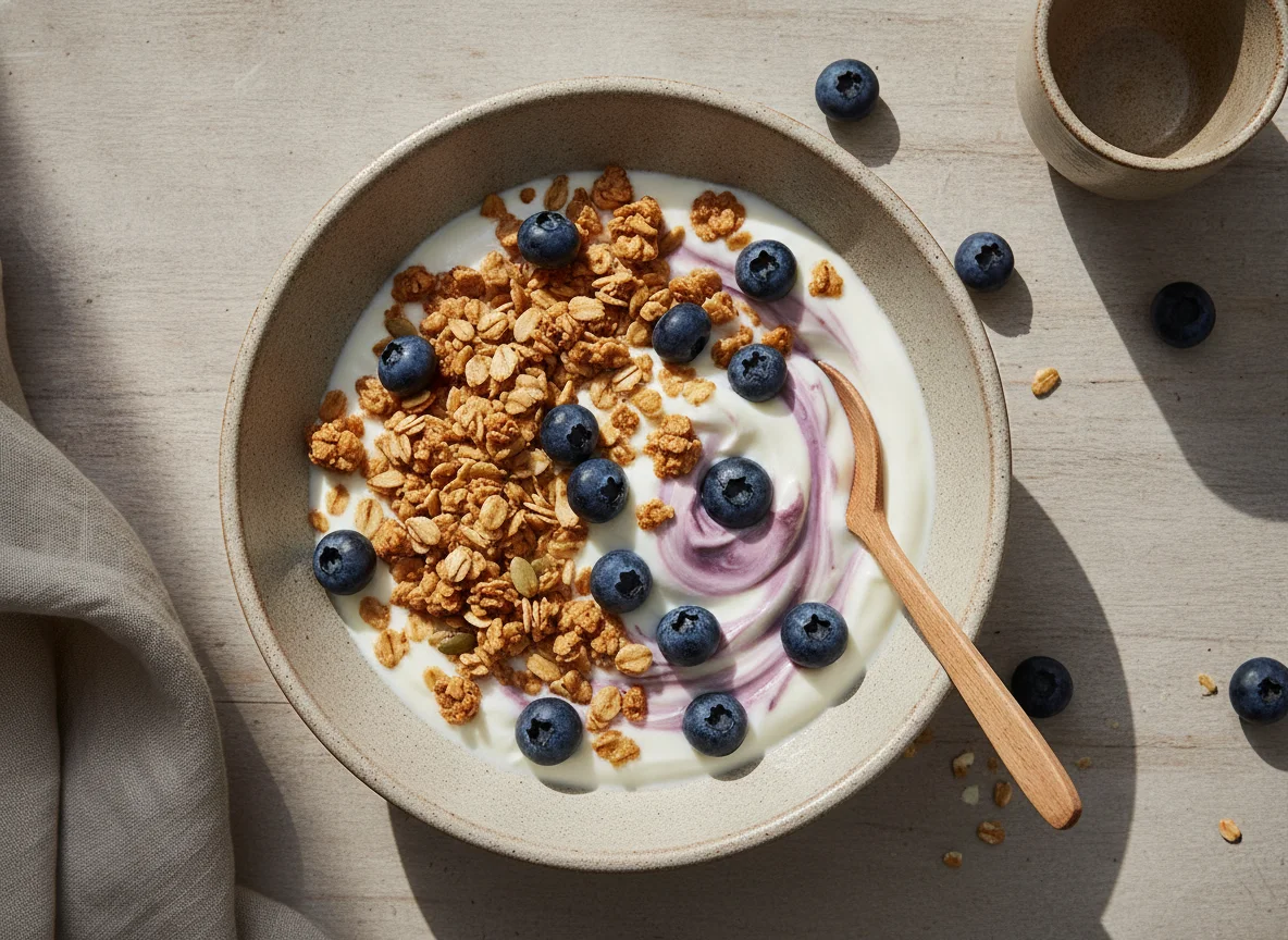 Yogur con arándanos y granola photo