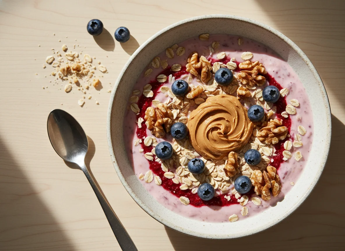 Yogur con avena, arándanos, nueces y mantequilla de maní photo