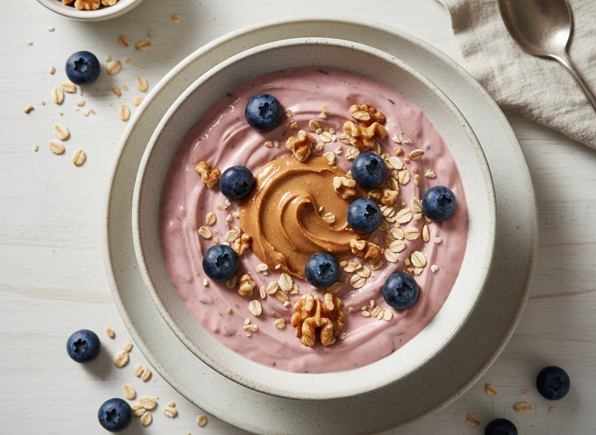 Yogur con avena, arándanos y mantequilla de maní photo