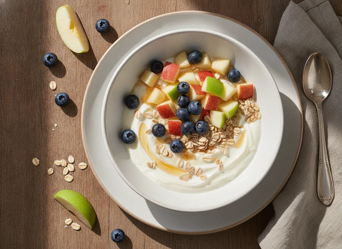 Yogur con avena, manzana y arándanos photo