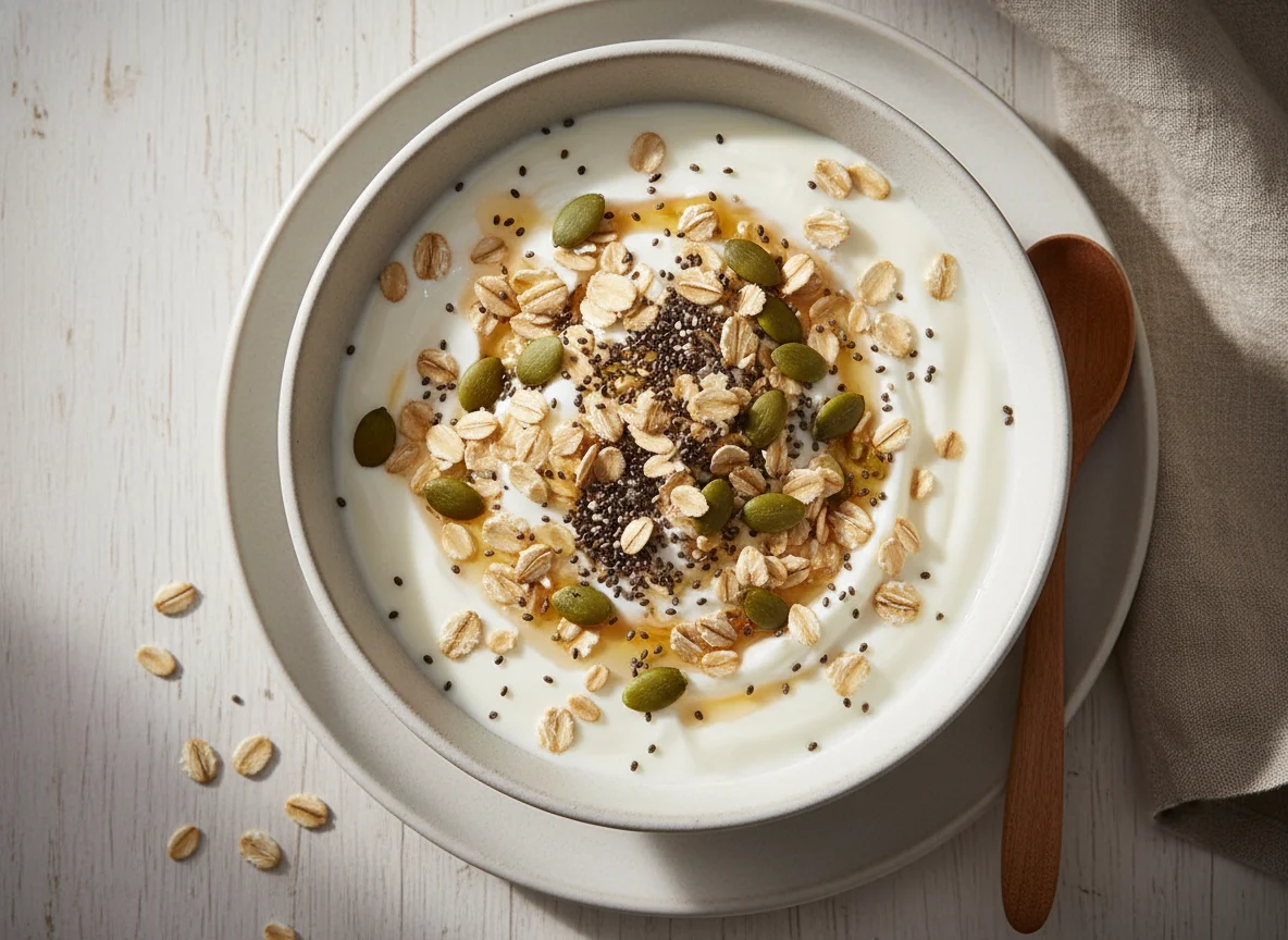 Yogur con avena, semillas de chía y calabaza photo