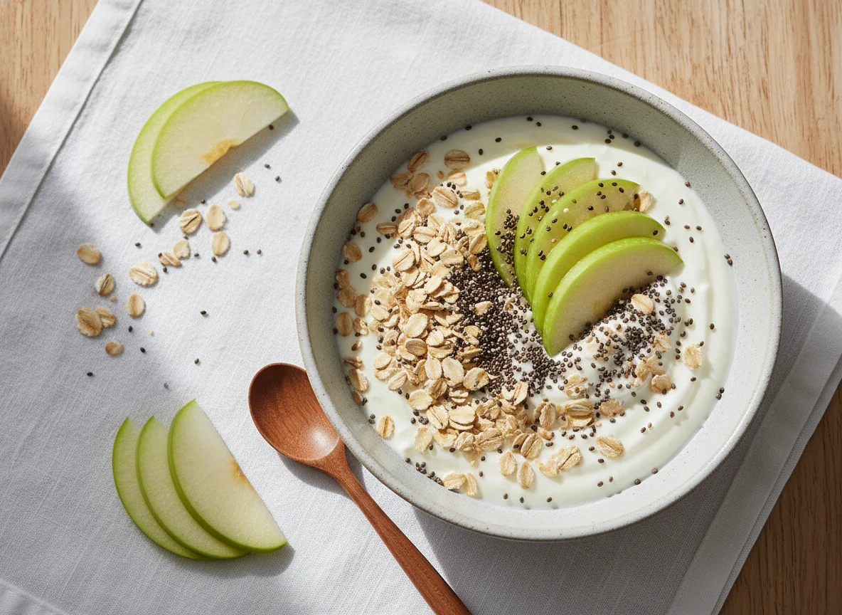 Yogur con avena y manzana verde photo