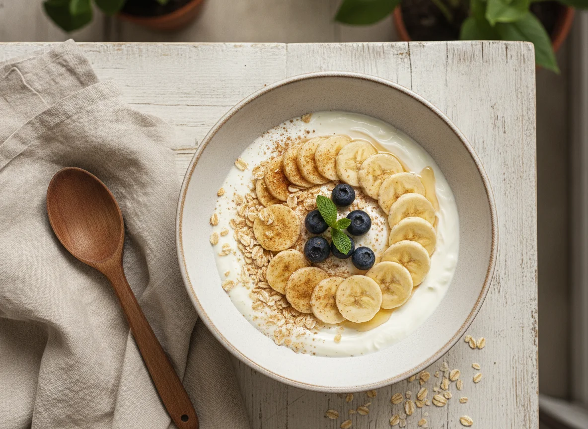 Yogur con avena y plátano photo
