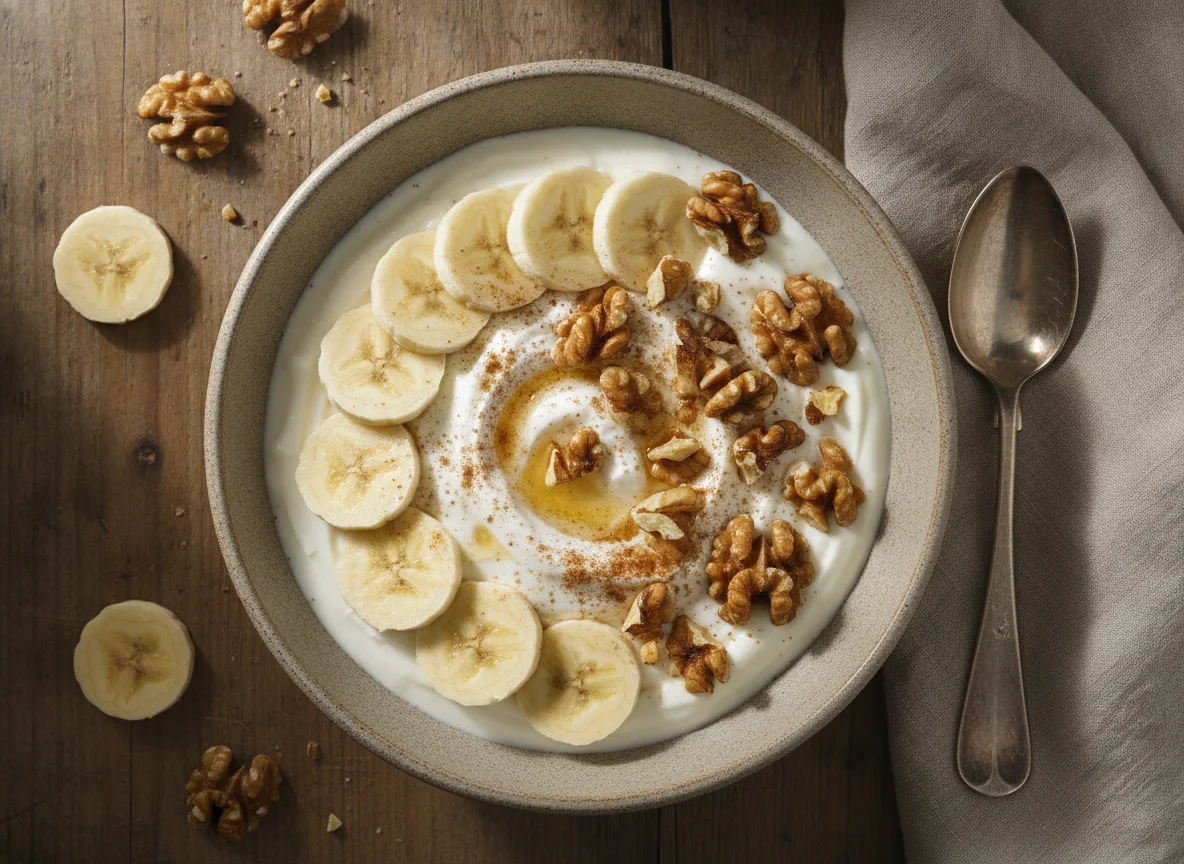 Yogur con banana y nueces photo