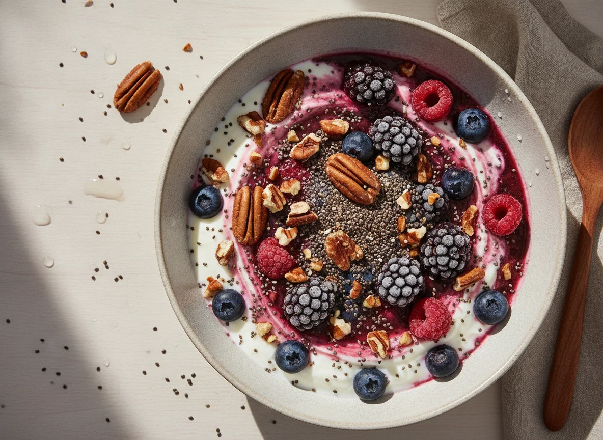 Yogur con bayas mixtas, nueces y agua de chía photo