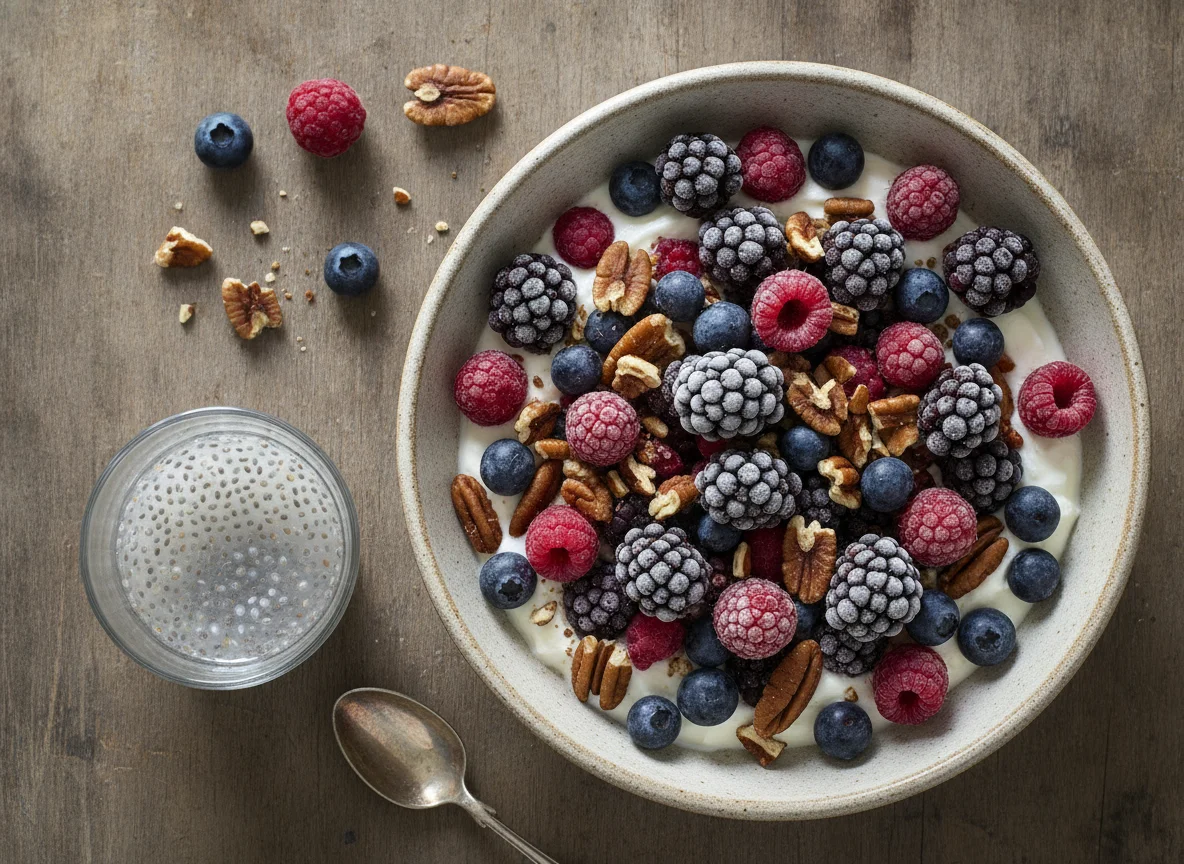 Yogur con bayas, nueces y agua de chía photo