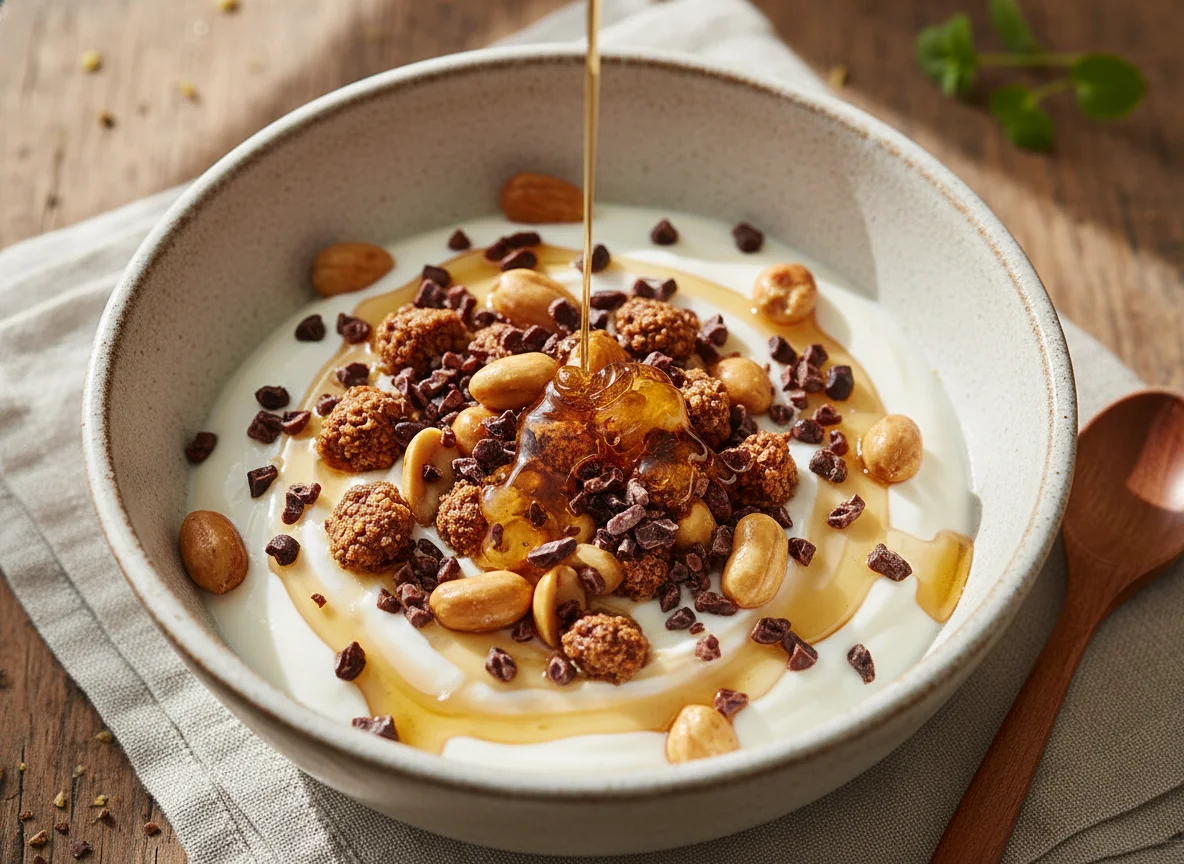 Yogur con cacahuetes, nibs de cacao y miel photo