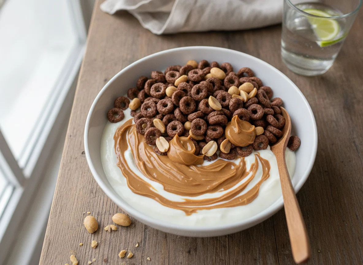 Yogur con cereal y mantequilla de maní photo
