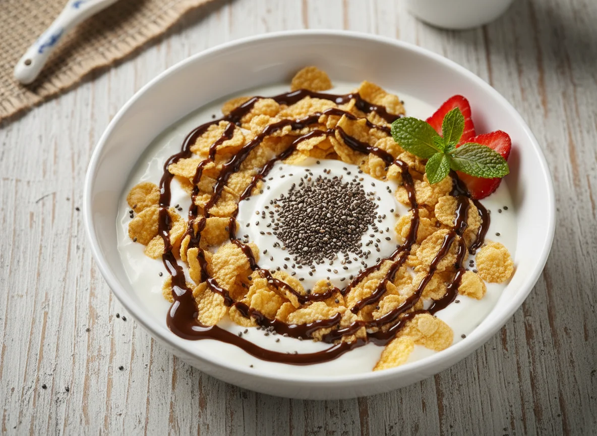 Yogur con cereales, chía y sirope de chocolate photo