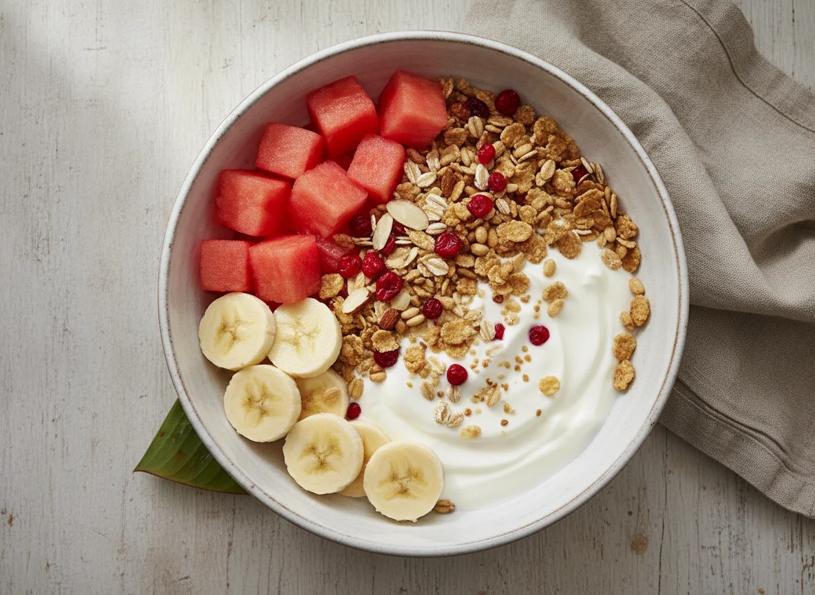 Yogur con cereales y frutas photo