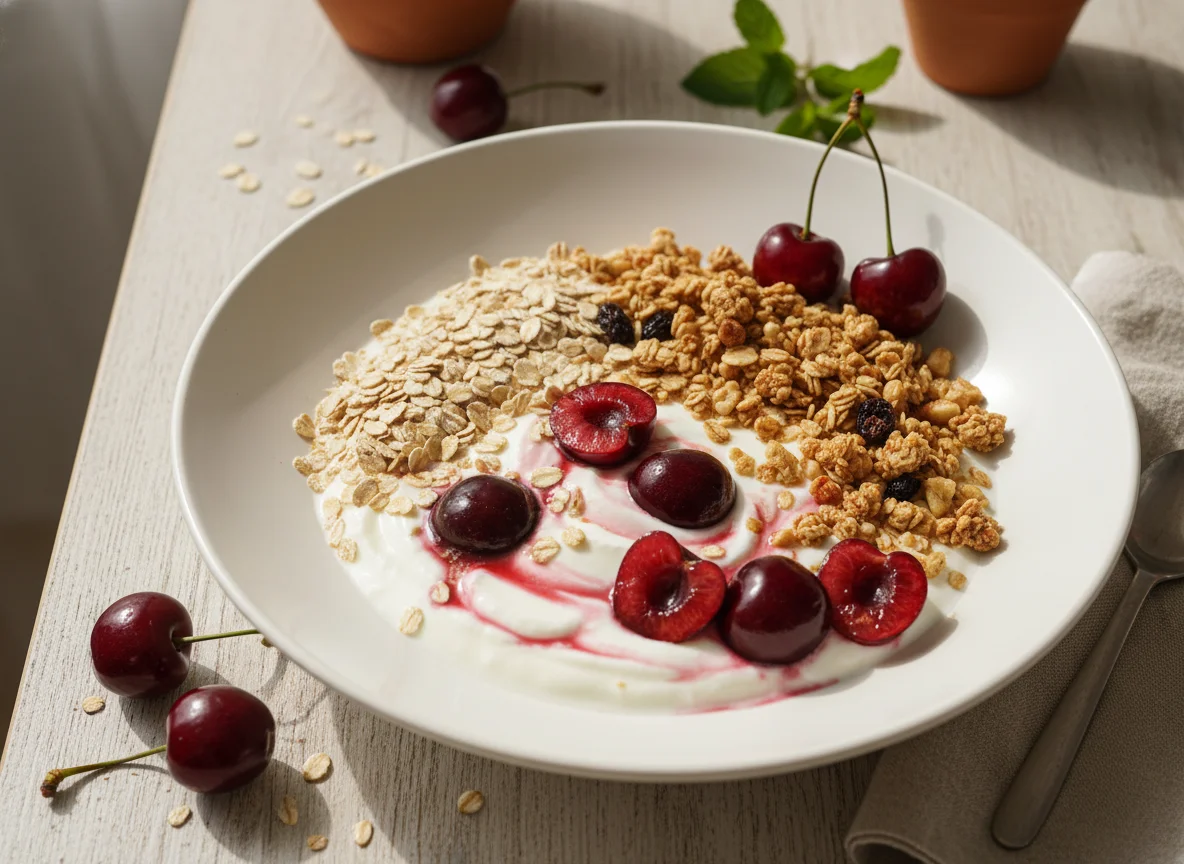 Yogur con cerezas, avena y granola photo